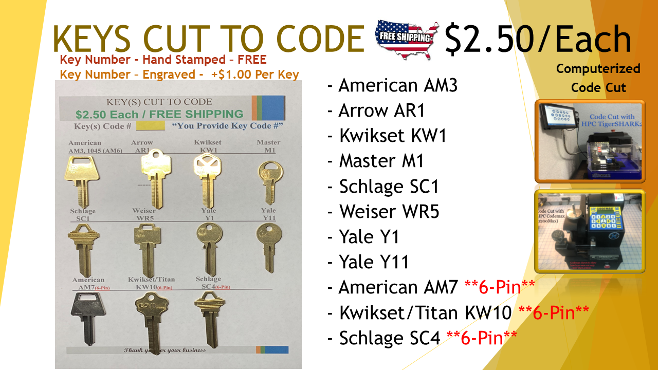 Key Cut To Code - Multiple Key Types - Cut By Locksmith - Free Shipping